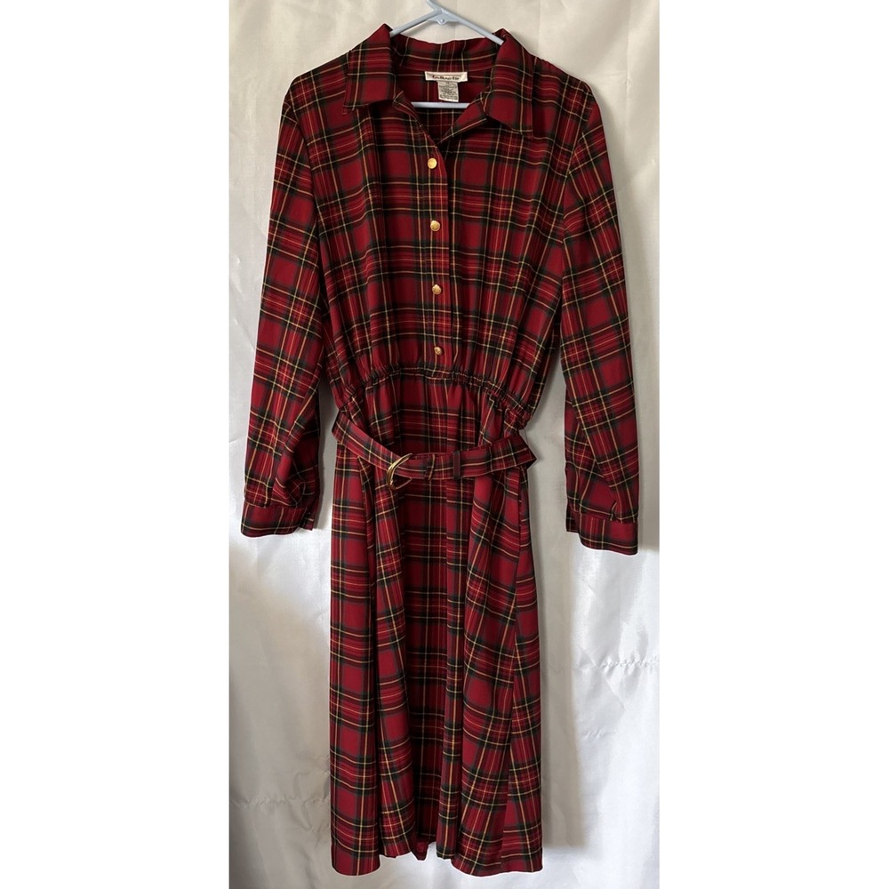 Vintage Talbots TartanShirt Dress 14 Belted Red Plaid Button Front Modest Office